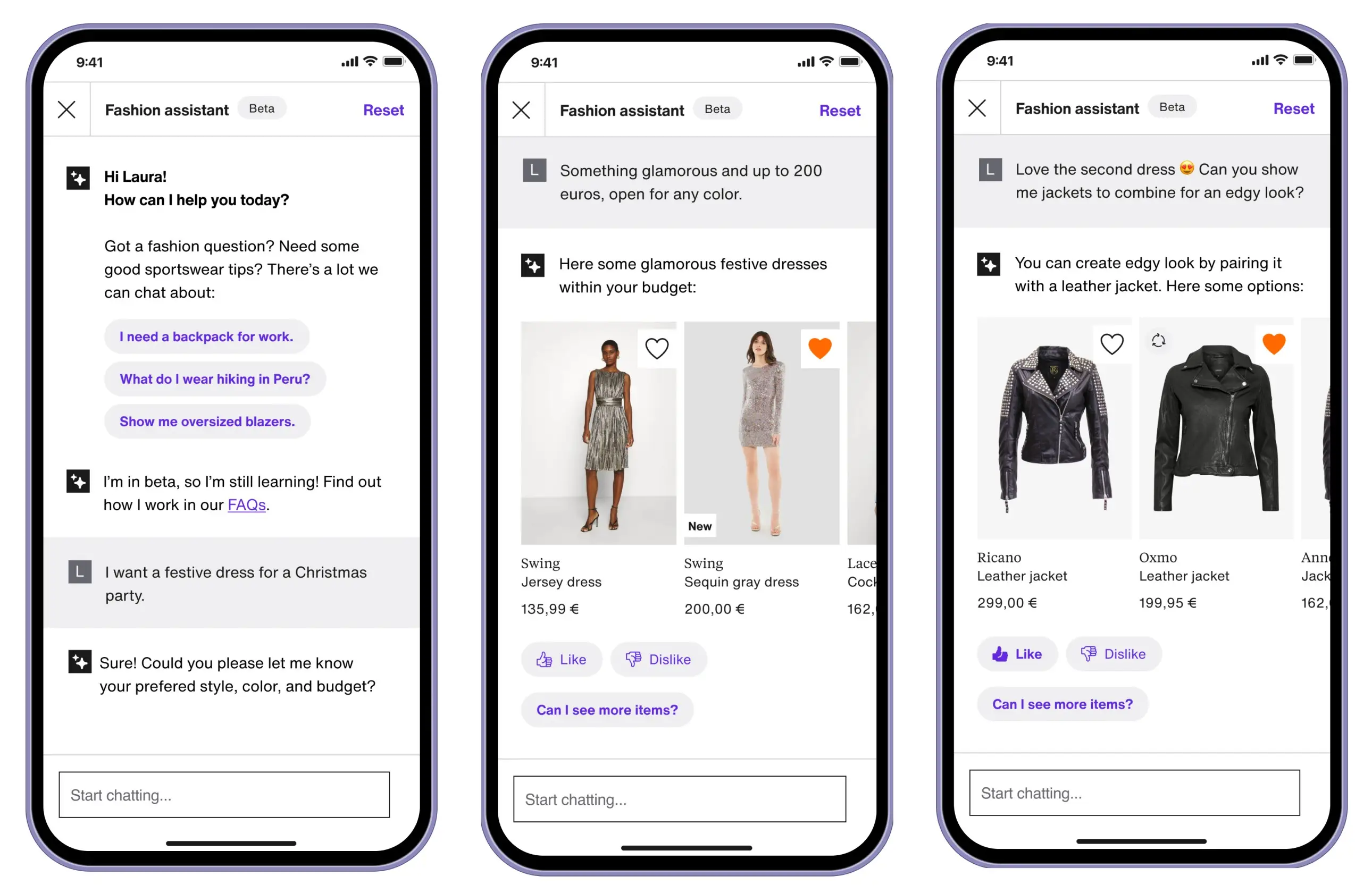 Three phone screens of the Zalando fashion assistant. A shopper asks for a festive dress up to 200 euros and gets dresses back, then asks for jackets to go with one.