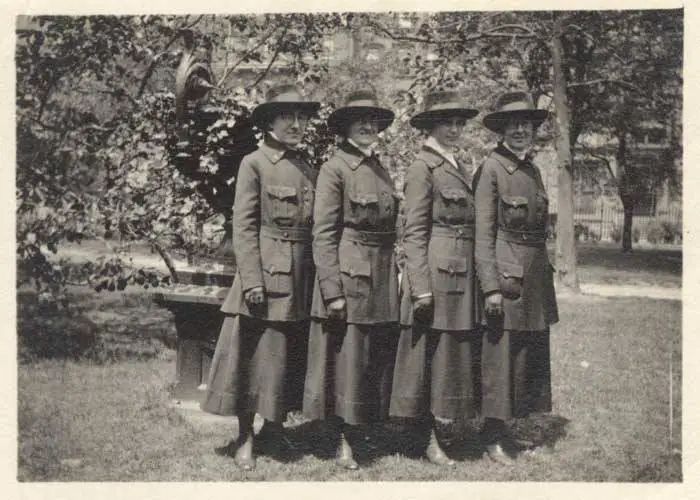 Four nurses from Seattle in their new Red Cross uniforms, Gramercy Park, New York, May 1918, waiting to sail to Army hospitals in France.