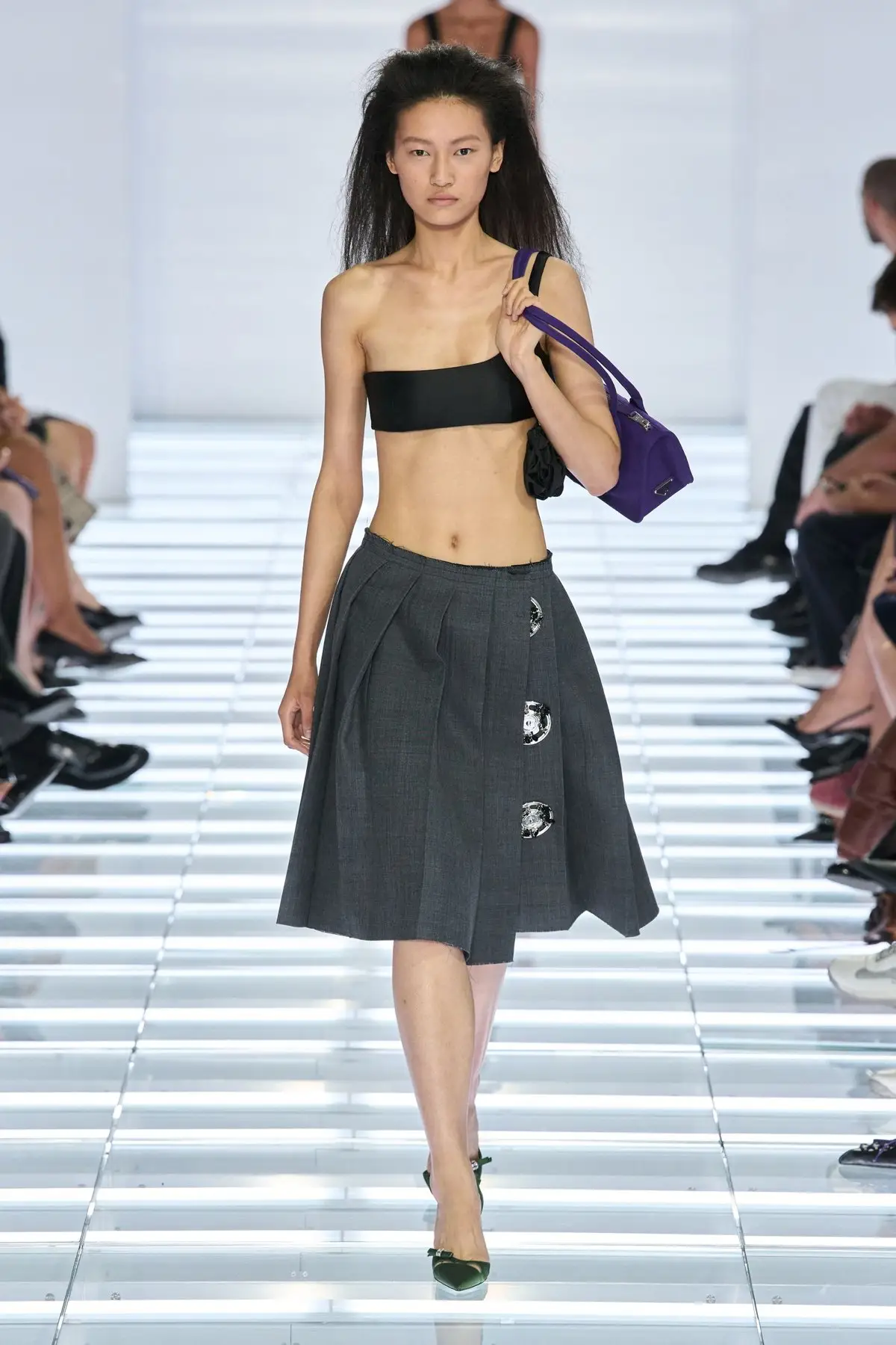 Look 60. Grey skirt with oversized press studs, black bandeau.