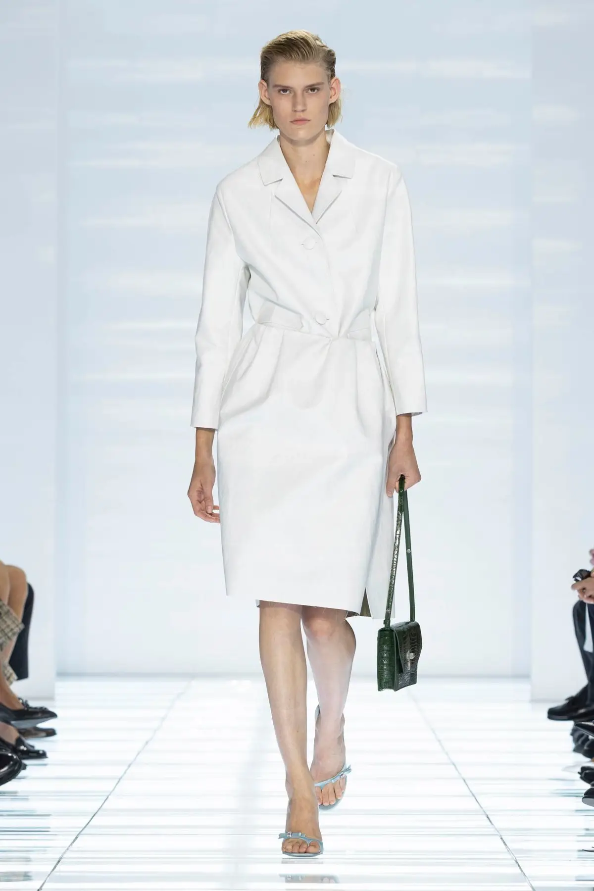 Coat and skirt, all white. Prada SS27, Look 13