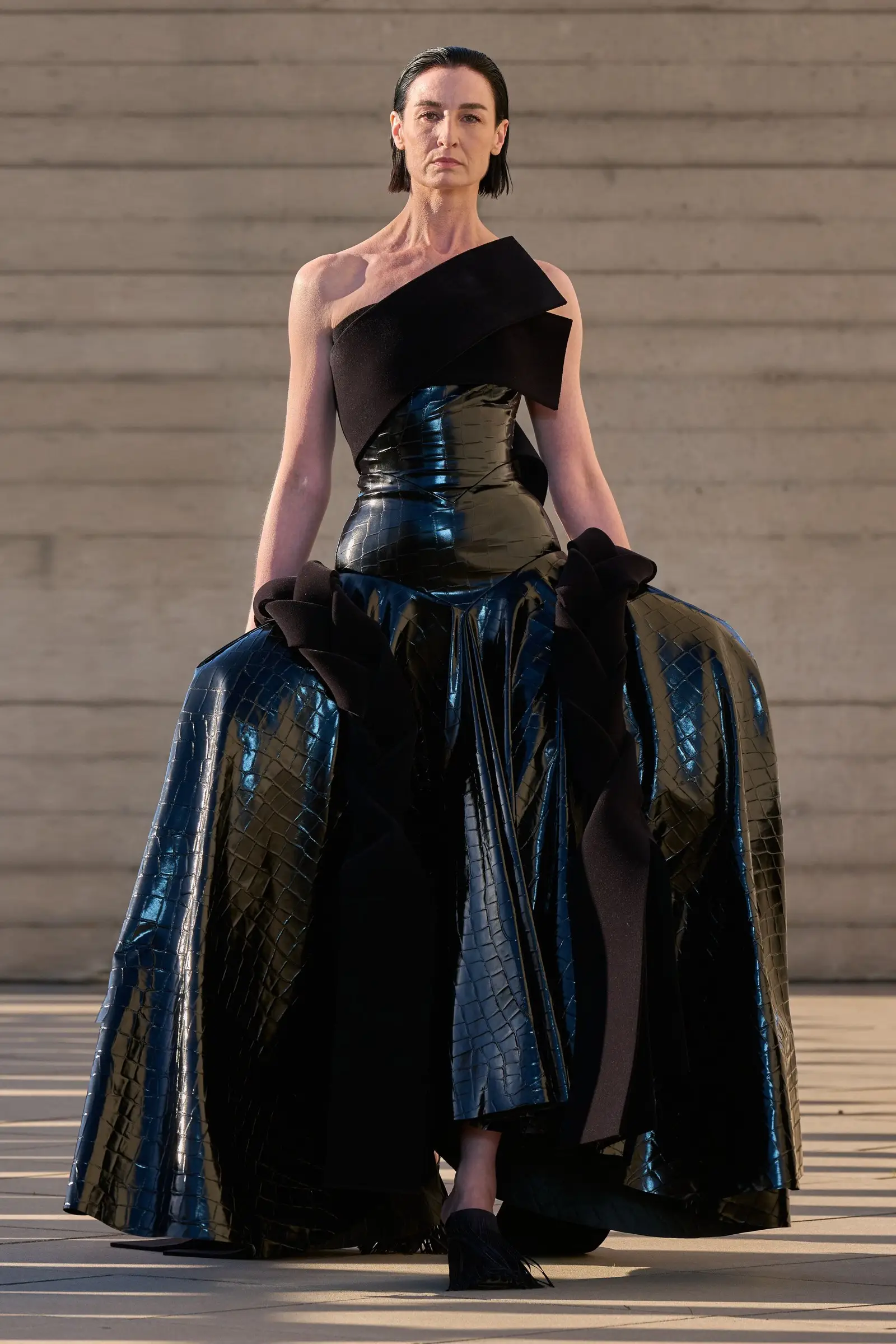 Roksanda SS27, Look 30. Erin O’Connor in a black mock croc ballgown.