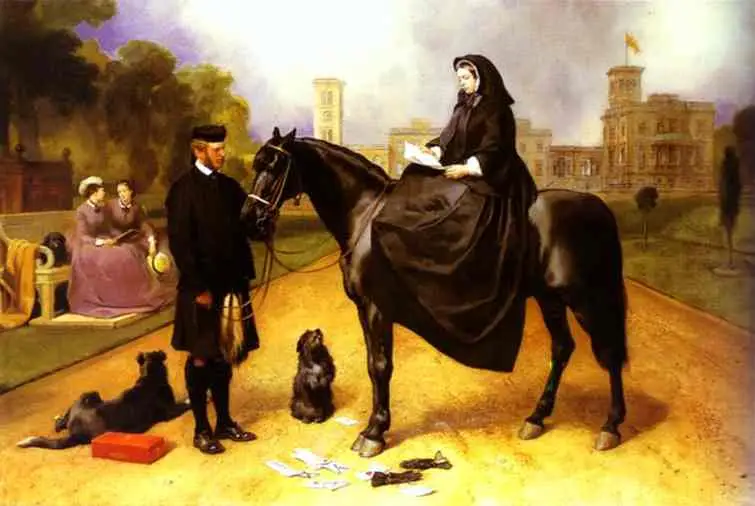Queen Victoria in black widow's clothes on horseback at Osborne, painted by Edwin Landseer in the 1860s.